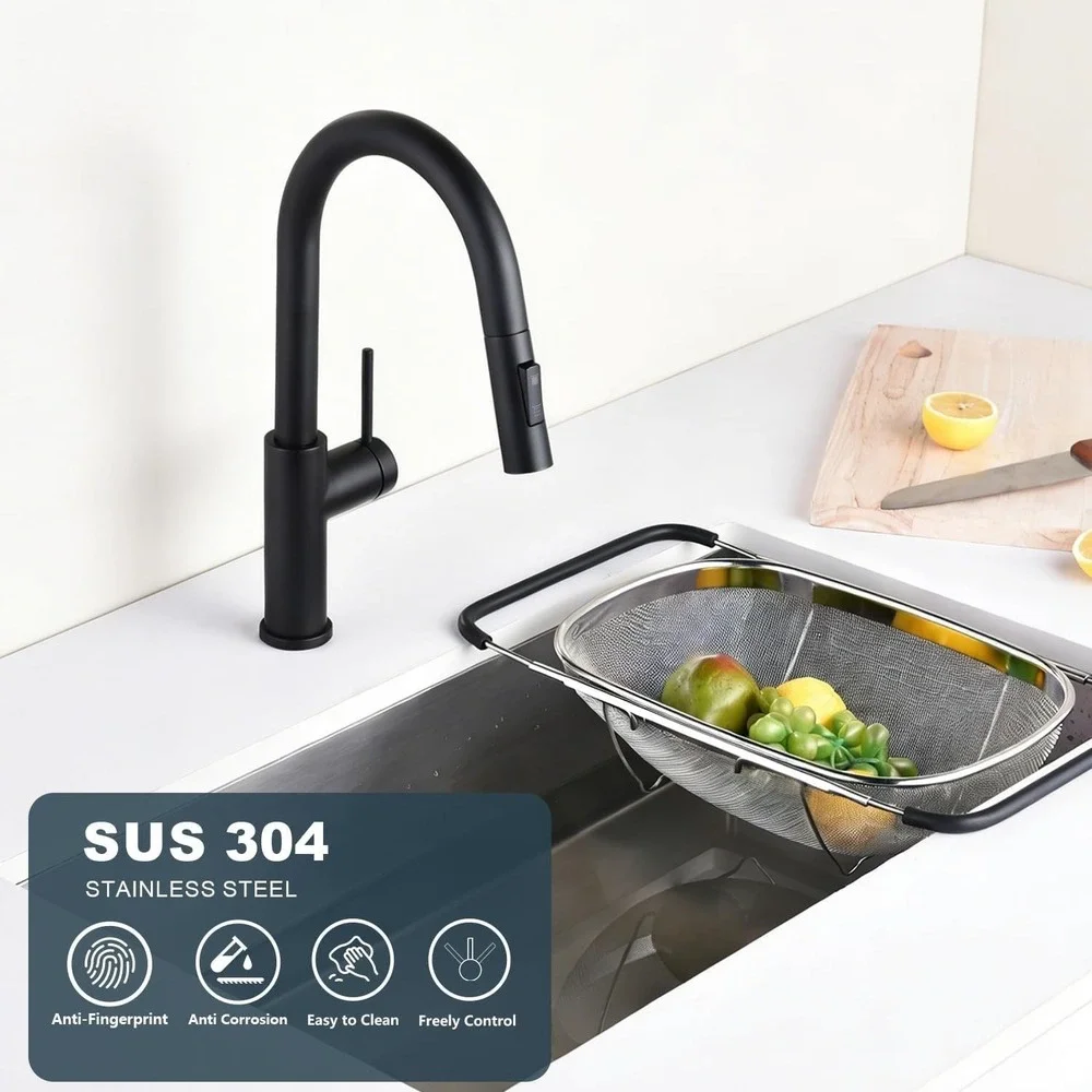 Black Kitchen Faucet Pull Down Sprayer Stainless Steel High Arc Sink Faucet